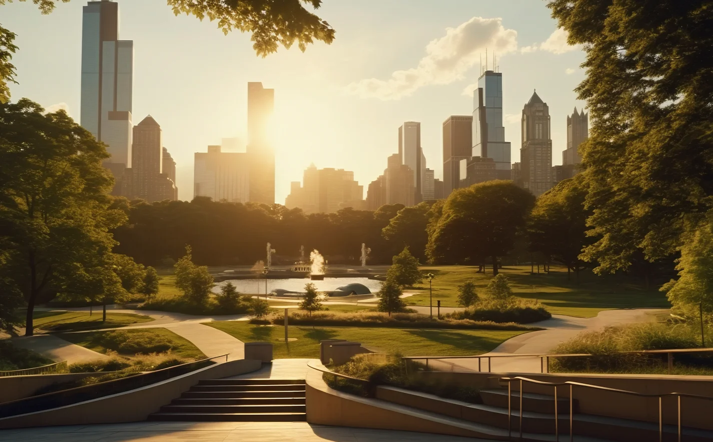 Futuristic city skyline with modern architecture and sustainable urban development.