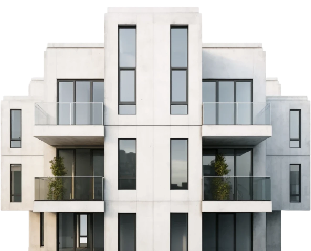 Modern residential apartment building with glass balconies and minimalist design, symbolizing real estate development and investment opportunities.