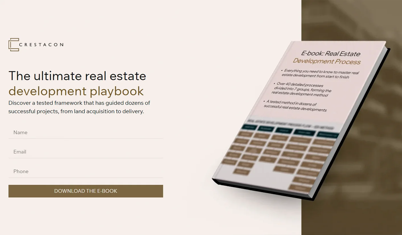 E-book cover about real estate development process with step-by-step guide and proven methods.